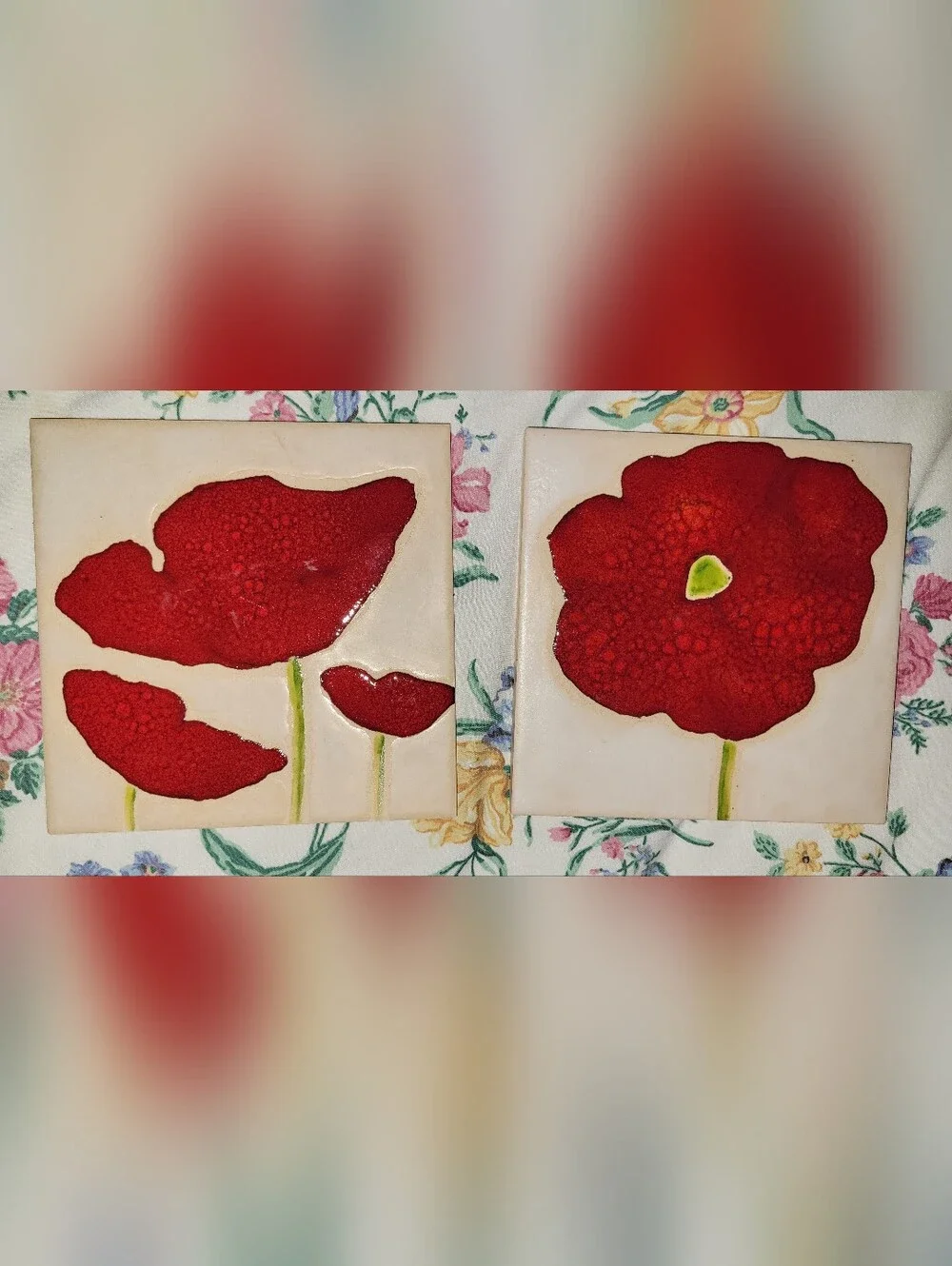 2 Hand Painted Red Poppy Trivets Signed From Portugal New